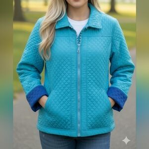 Quacker Factory Women's silk turquoise blue quilted jacket w/ rhinestone zipper